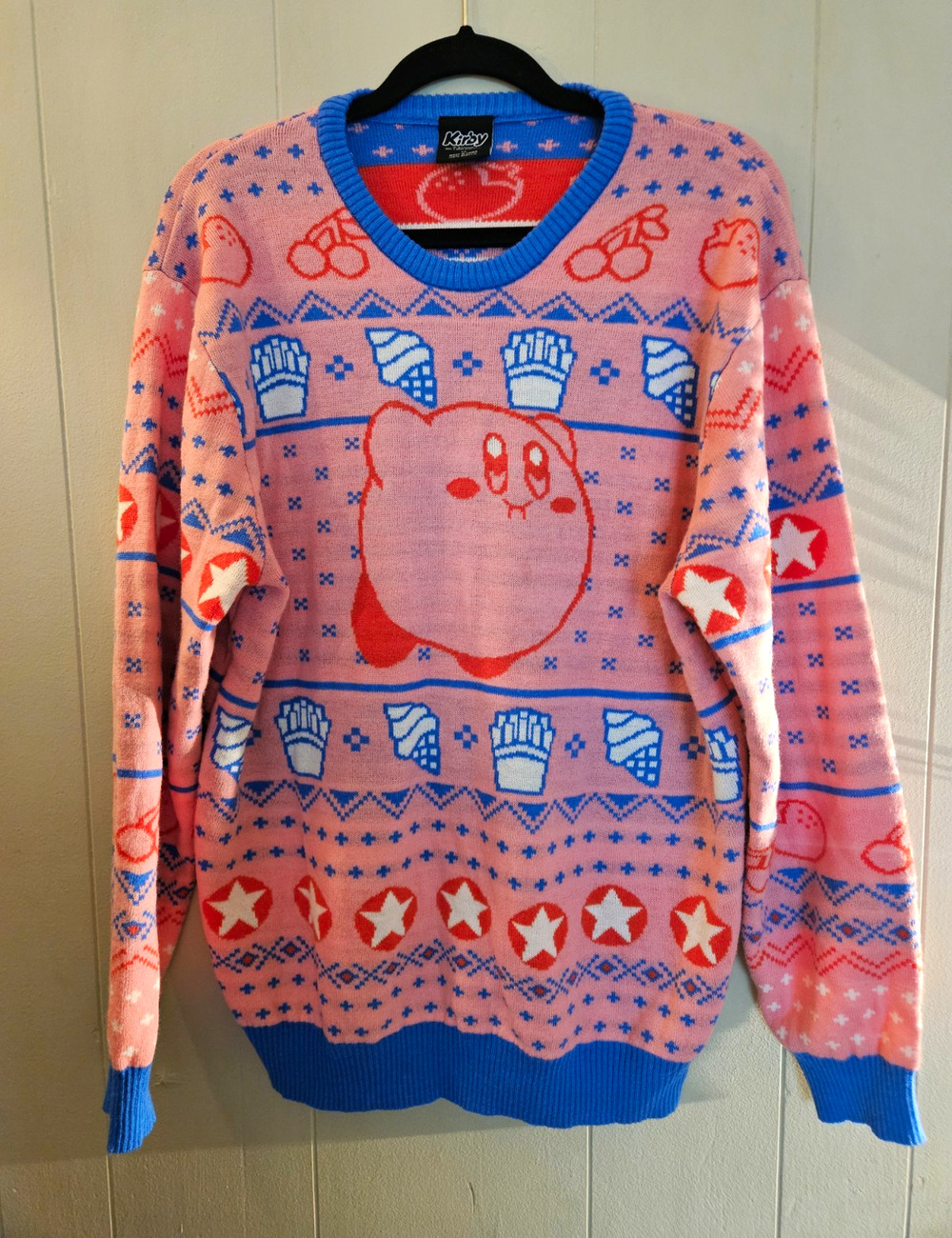 Kirby Nintendo Graphic Knit Pullover Sweater Mens XL Crew Neck Acrylic Pink/Blue